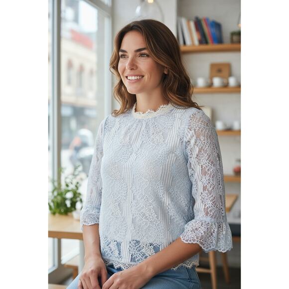 Revolve Heartloom Baby Blue Victorian Lace Blouse Bell Sleeve size Small - Picture 16 of 16